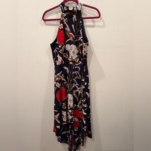 Navy High-Low Floral Halter Dress with Red and White Blooms